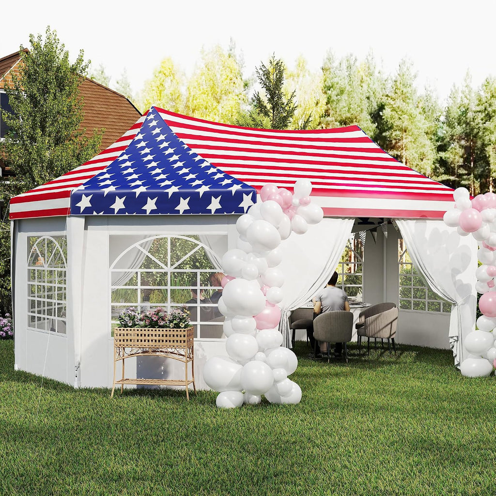 Outsunny 22.3 x 16.4 ft Party Tent, Heavy Duty Event Tent with Sidewalls, 2 Doors and 6 Windows, Outdoor Gazebo Shelter for Wedding, Party, American Flag