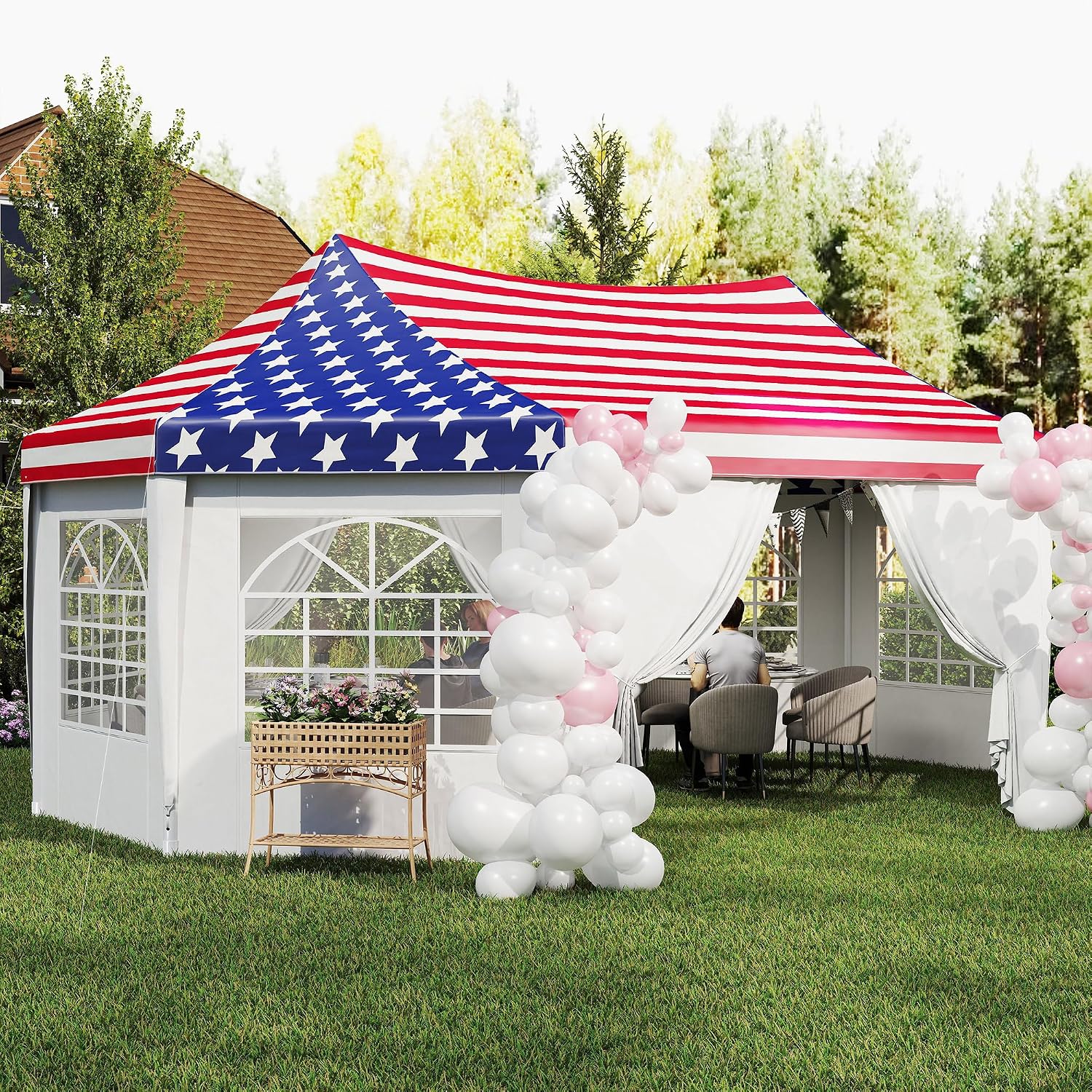 Outsunny 22.3 x 16.4 ft Party Tent, Heavy Duty Event Tent with Sidewalls, 2 Doors and 6 Windows, Outdoor Gazebo Shelter for Wedding, Party, American Flag