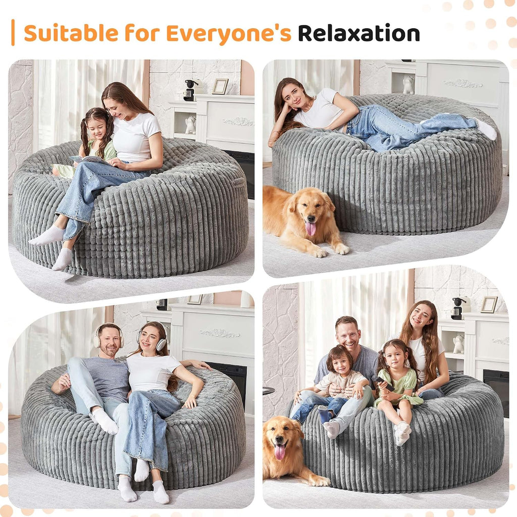 HABUTWAY 6FT Bean Bag Chair, 6' Large Bean Bag Chairs for Adults with Removable Stripe Plush Cover, Memory Foam Beanbag Chair for Living Room Bedroom Dorm，Grey