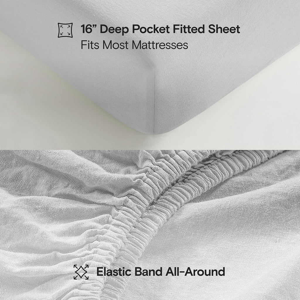 Sijo Stone Washed Organic French Linen Bed Sheet Set, GOTS Certified Organic, Best Cooling Linen Sheet Award by Sleep Foundation, 4 Piece - 2 Pillowcases, 1 Fitted and 1 Flat (Dove, Queen)