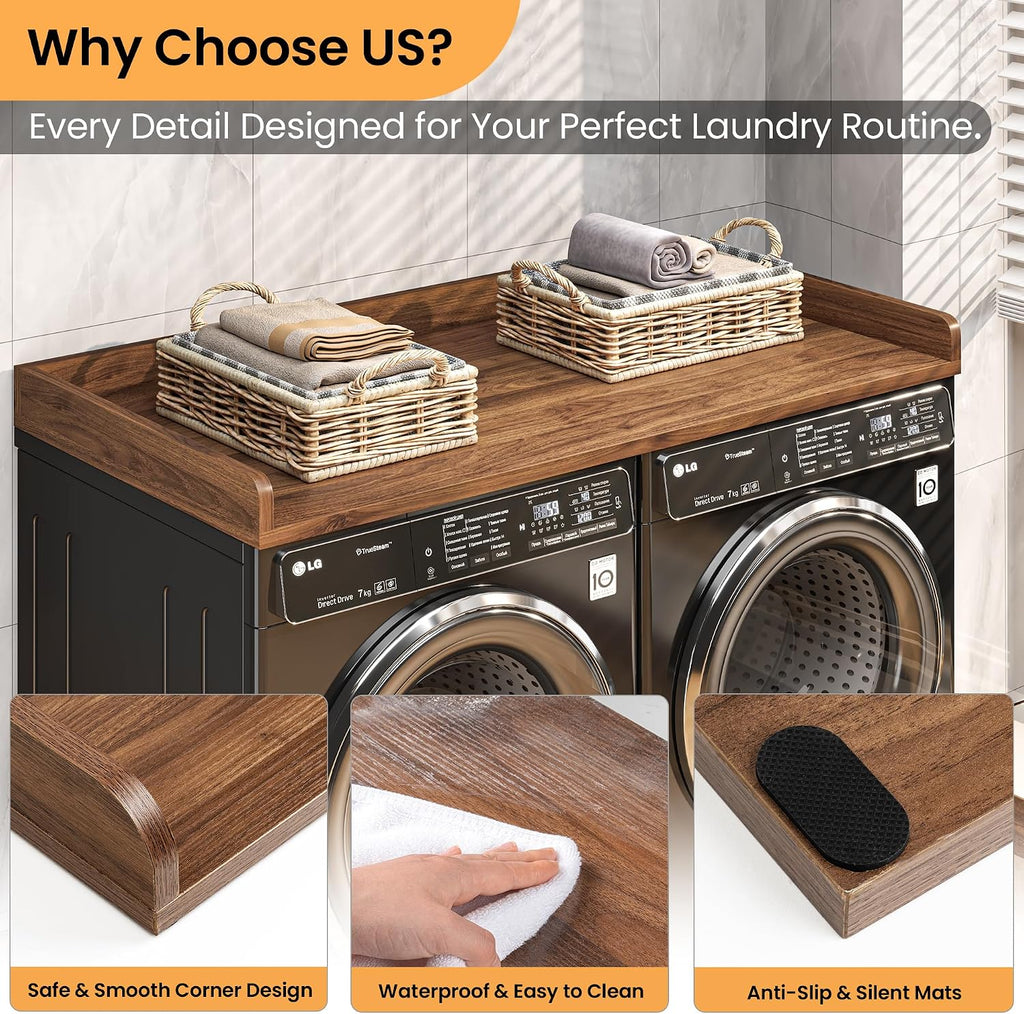 Washer Dryer Countertop, 27.5'x54' Wood Washer and Dryer Countertop with 2.95' Edge Rails, Laundry Machine Topper with Rounded Corner for Laundry Room Organization and Storage, Walnut