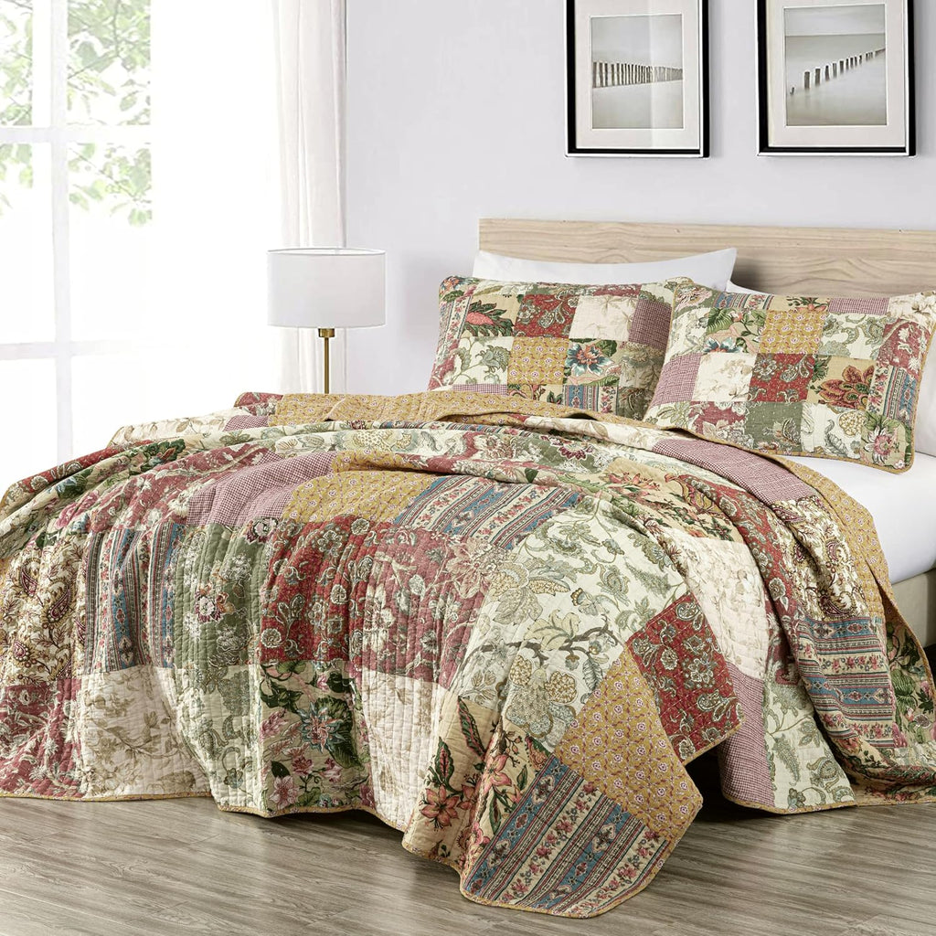 Chezmoi Collection Delaney 3-Piece Floral Patchwork Pre-Washed 100% Cotton Quilt Set, Queen
