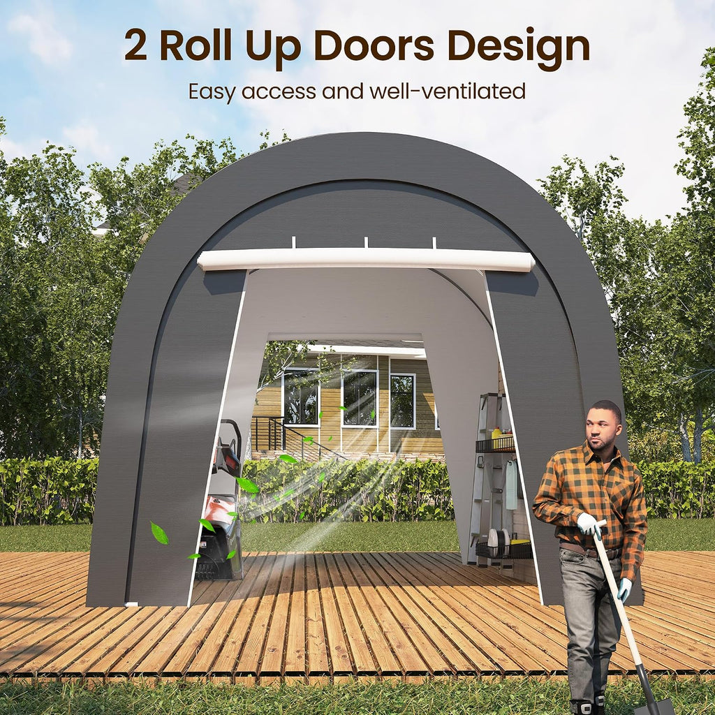 FansaFurn Domed Carport with 4 Cloth Bags, Portable Garage with 2 Roll-up Doors, Heavy Duty Car Canopy Party Tent, All-Season Storage Shelter Shed for Cars, Truck, or Garden Tools, 10' x 15'