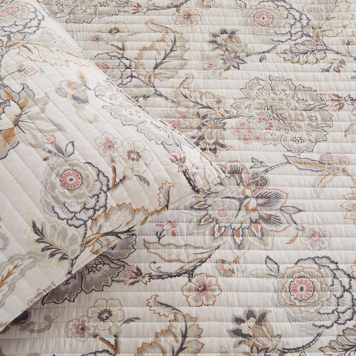 Levtex Home Ophelia Blush Reversible Twin Bedspread Set (80x106in) with 1 Pillow Sham (26x20in) - Floral Bedding - Blush, Grey - Rayon Twin Size Bedspread Set - Lightweight, Soft, Pre-Washed