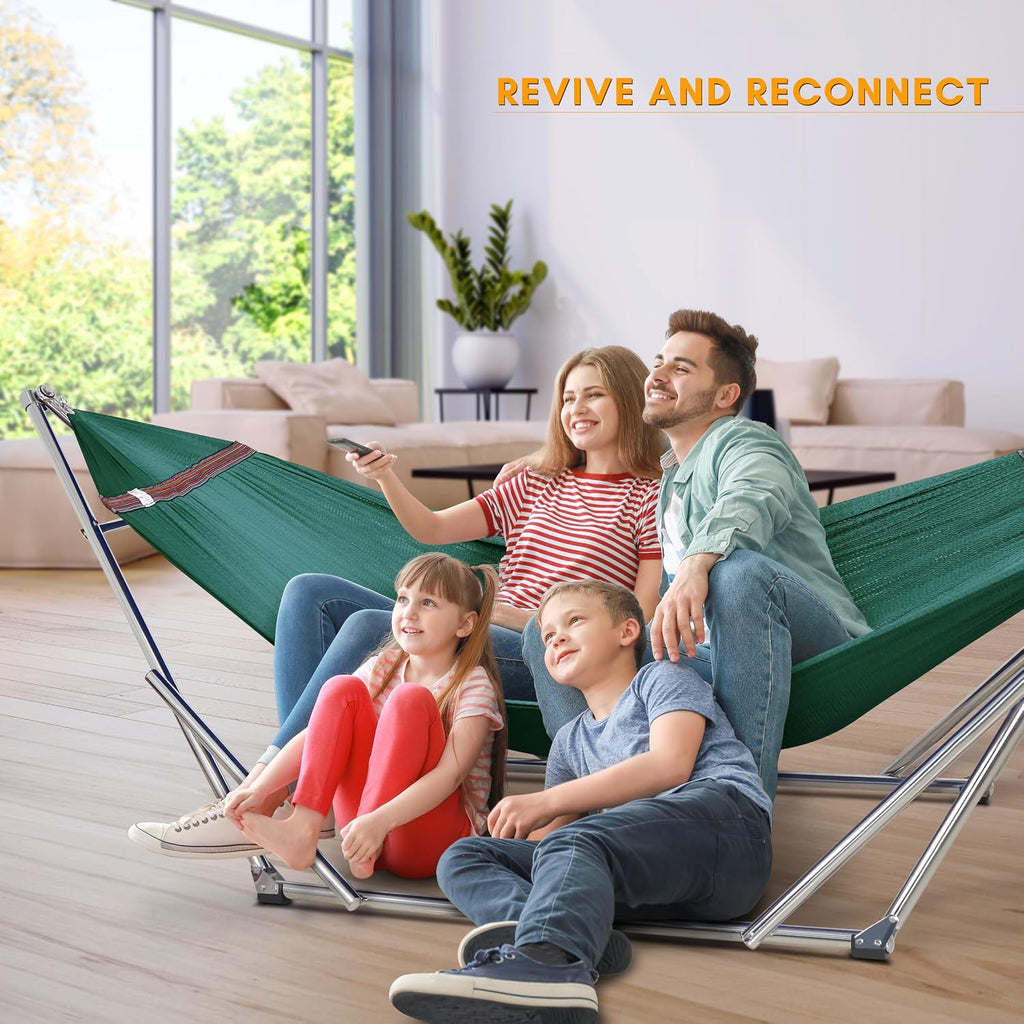 Tranquillo Double Hammock with Stand 650lb Capacity Double Hammock with Spreader Bar, Solid Grade 201 Stainless Steel 30s Set Up, Sturdy Flexible Hammock Stand Portable, Outdoor Indoor, Peacock