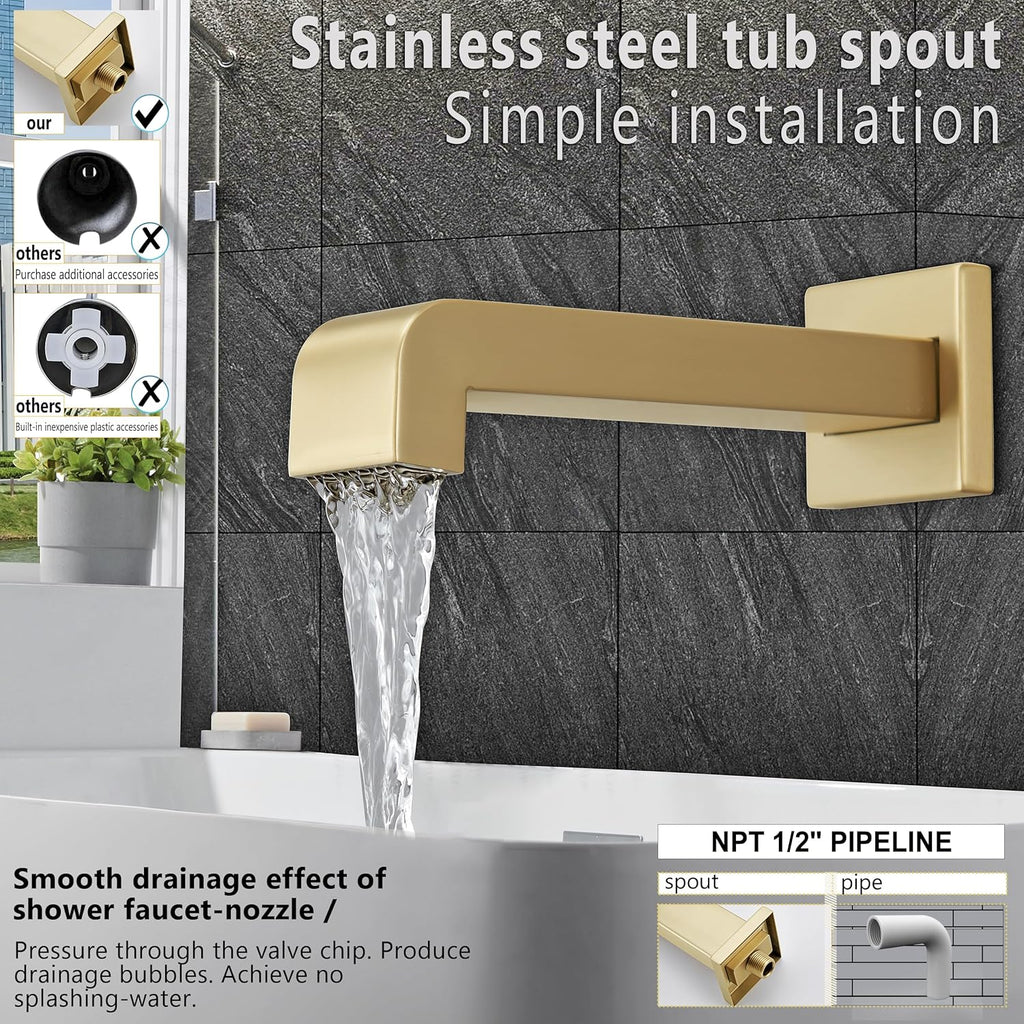 SOOOHOT Brushed Gold Shower Fixtues, Tub and Shower Faucet Set Combo with 6 Inch Gold Shower Head and Tub Spout, Gold Shower Head and Handle Set (Valve Included)