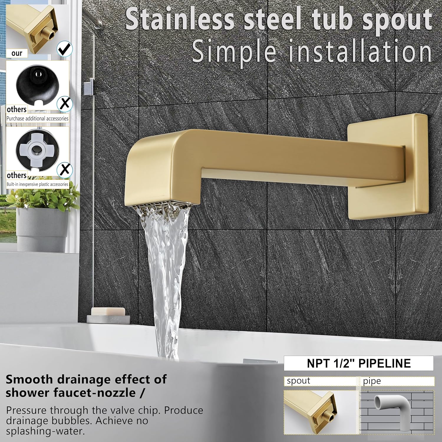 SOOOHOT Brushed Gold Shower Fixtues, Tub and Shower Faucet Set Combo with 6 Inch Gold Shower Head and Tub Spout, Gold Shower Head and Handle Set (Valve Included)