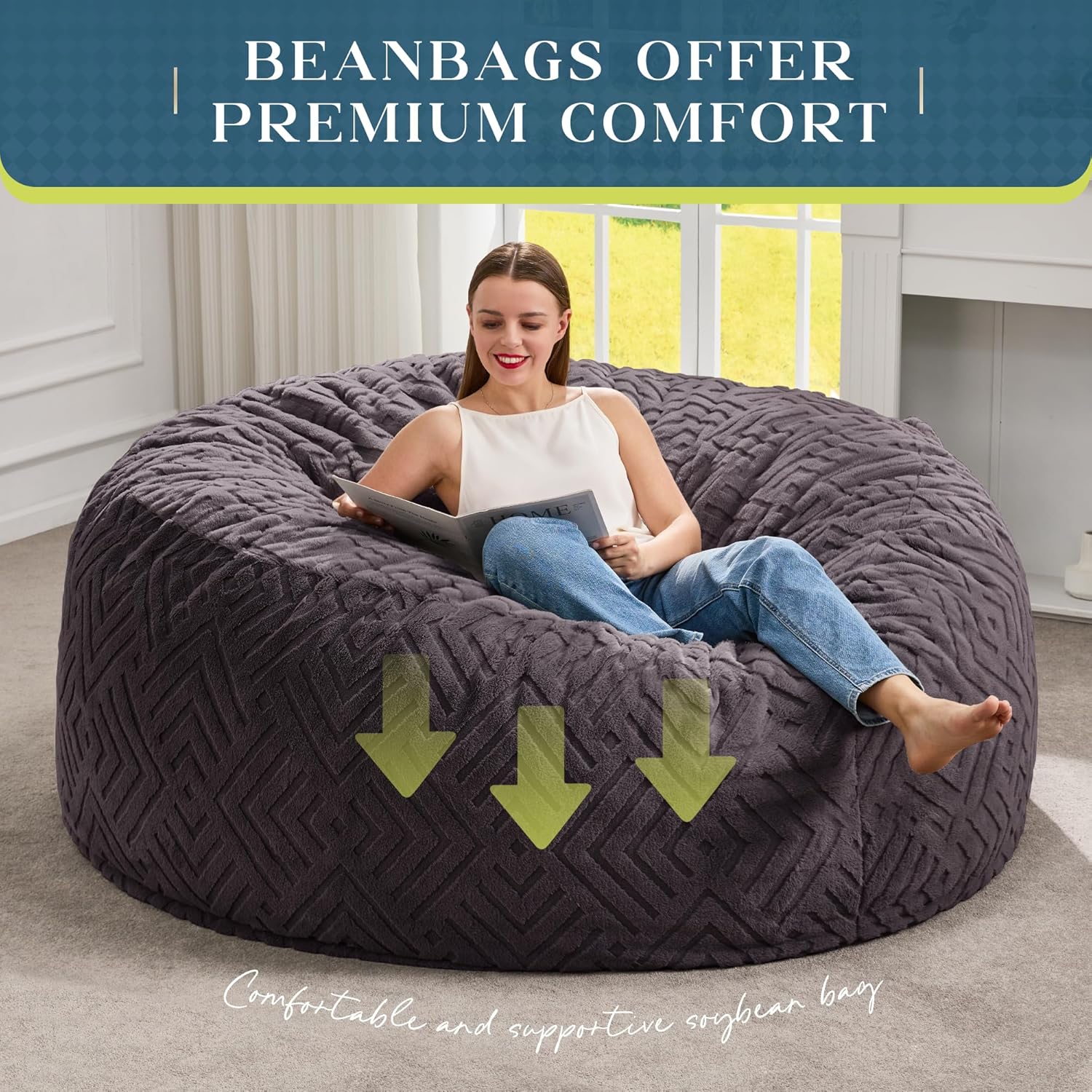 Hobestluk Bean Bag Chairs Adults Beanbag Chair with Filler Large Bean Bags with Fluffy Embossed Cover, Giant Bean Bag Chairs for Adults (Dark Grey, 5FT - 50' x 50' x 24')