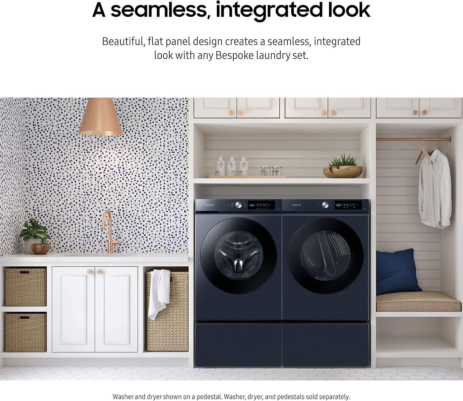 SAMSUNG 27-Inch Bespoke Front Load Washer Dryer Pedestal Stand w/ Pull Out Laundry Storage Drawer, WE502ND, Brushed Navy