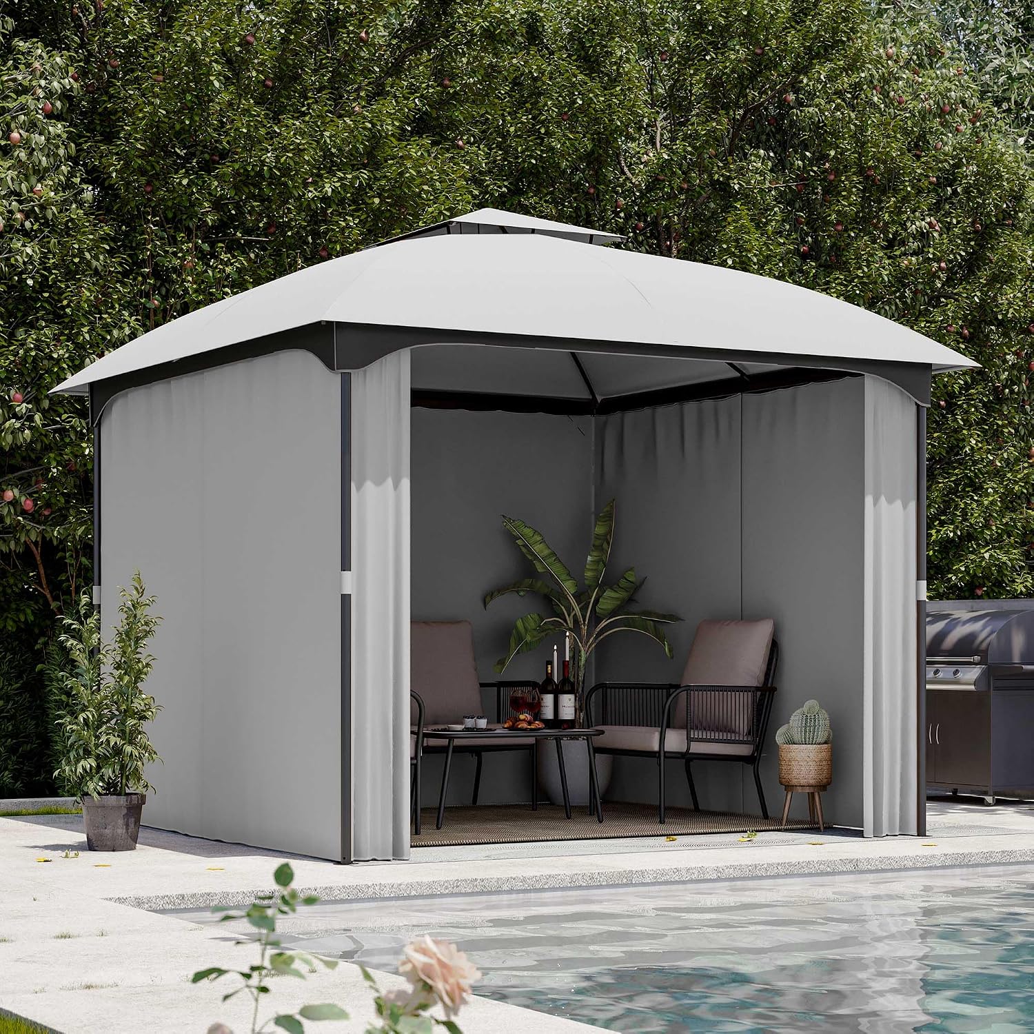 LAUSAINT HOME 10x10 Patio Arc Gazebo Outdoor Canopy Tent with Curtains, Soft Top Party Shelter with Expansion Bolts and Wind-Resistant Ropes for Backyard, Garden, Lawn, Deck, Grey