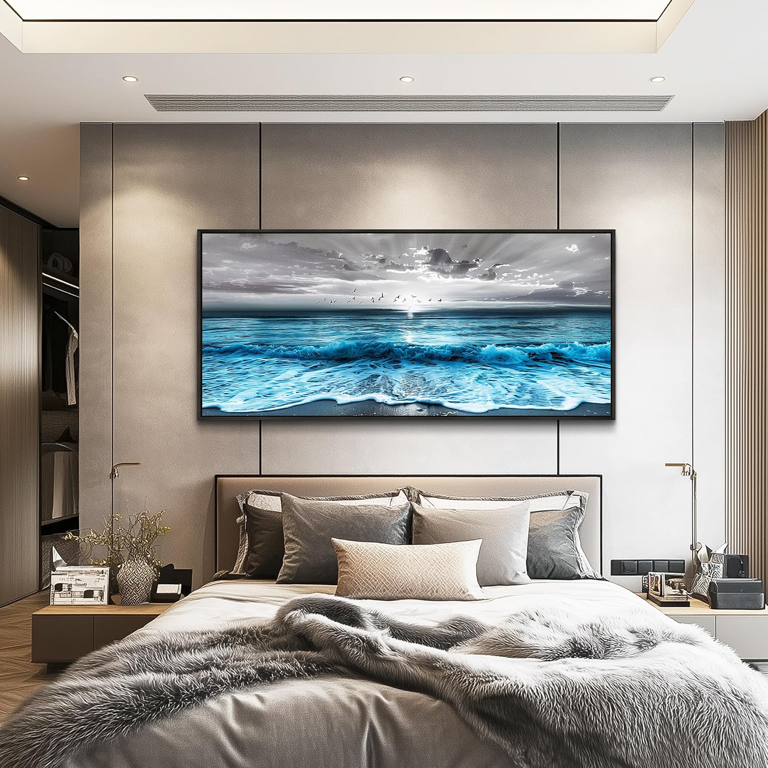 ERQINHUA Large Canvas Black Frame Wall Decor For Living Room Blue Sea Wave Ocean Painting Wall Art For Bedroom Office Dining room Decorations Beach Artworks Wall Pictures Modern Home Decor 32x72 In