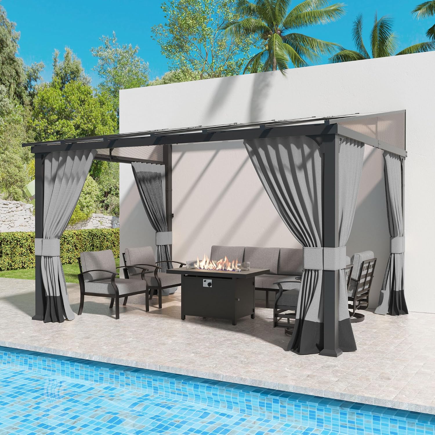 Kullavik 10' × 12' Hardtop Gazebo for Patio,Wall-Mounted Lean to Gazebo Pergola with Sloping Roof and Durable Aluminum Frame,Large Heavy Duty Awnings for Decks,Backyard,Grey