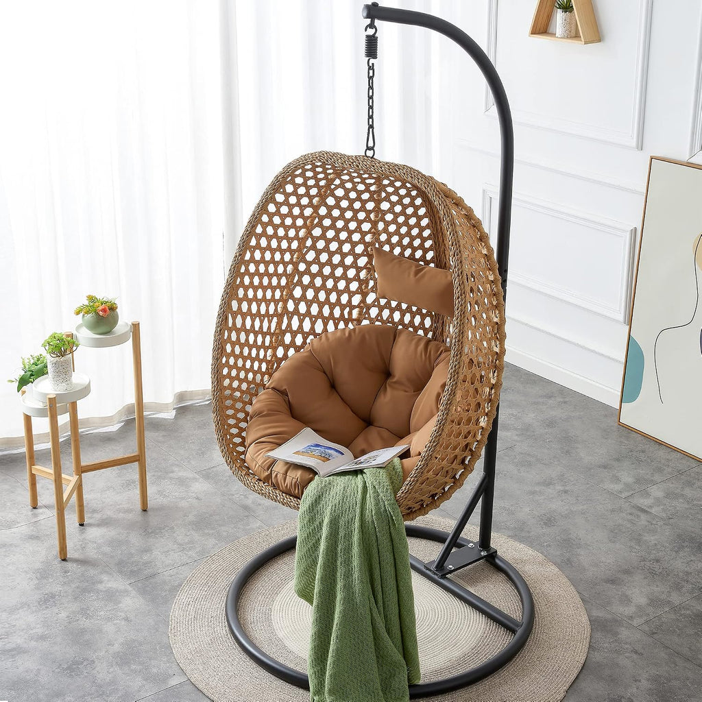 Swining Egg Chair with Stand,Wicker Rattan Hanging Egg Chairs, Patio Swing with UV Resistant Cushion, Outdoor Indoor Hanging with Foldable Basket & Metal Stand for Bedroom (Light Brown-S)