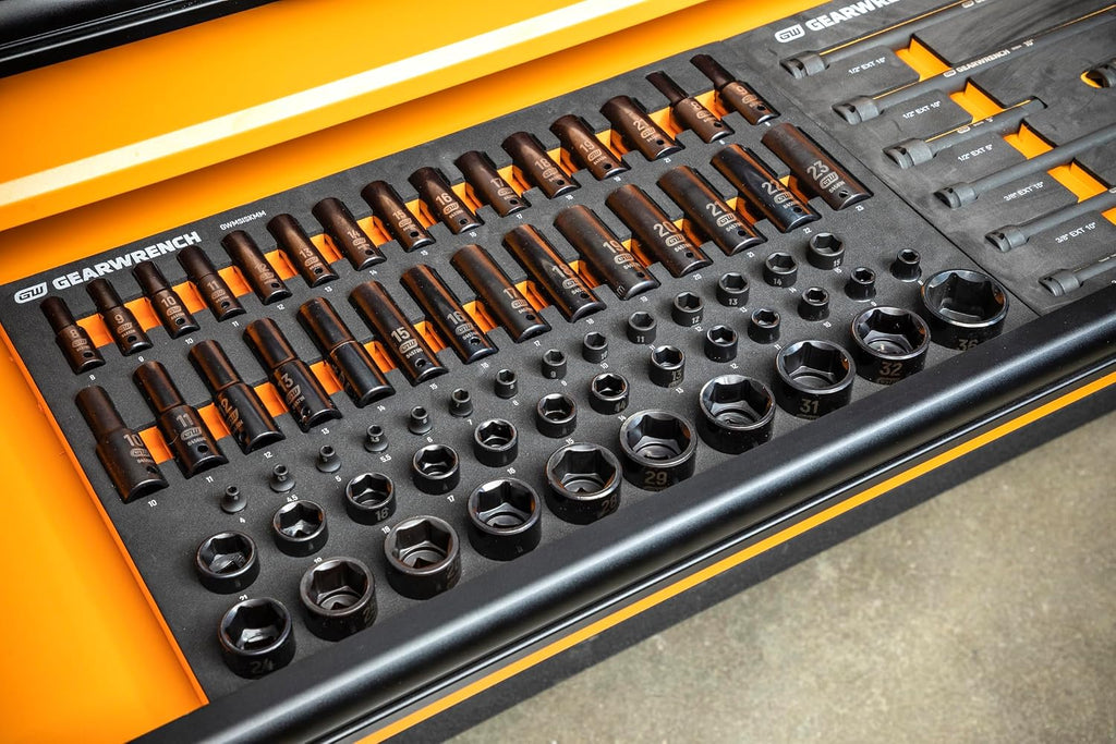 GEARWRENCH 66 Piece 1/4', 3/8', 1/2' Drive 6 Point Metric Impact Socket Set in Foam Storage Tray - GWMSISKMM