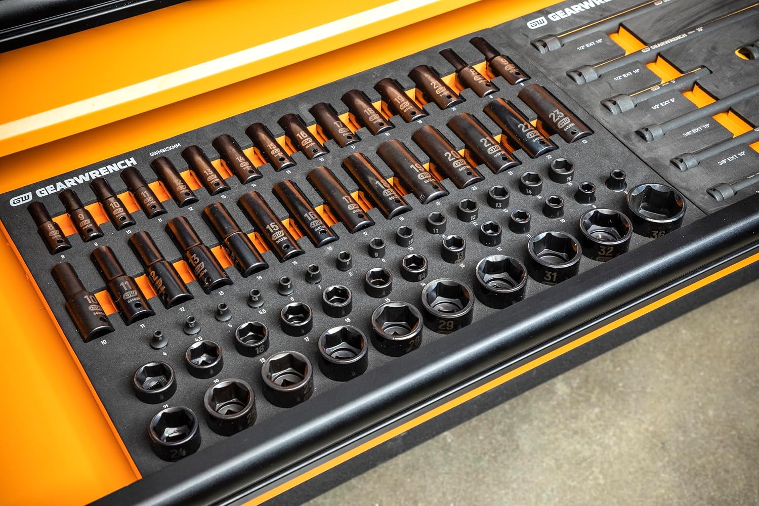 GEARWRENCH 66 Piece 1/4', 3/8', 1/2' Drive 6 Point Metric Impact Socket Set in Foam Storage Tray - GWMSISKMM