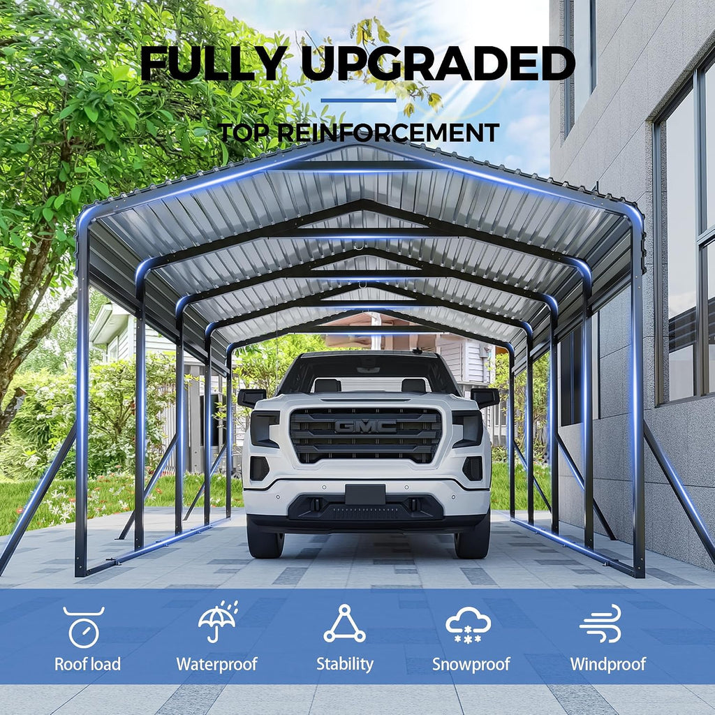 AirWire Carport Canopy 12'X20' Heavy Duty Car Port Galvanized Steel Roof, Reinforced Stable Triangle Frame for Snowy Windy Metal Carports Enhanced Base Car Tent for Car,RV,Pickup,Boat,Truck,Tractor