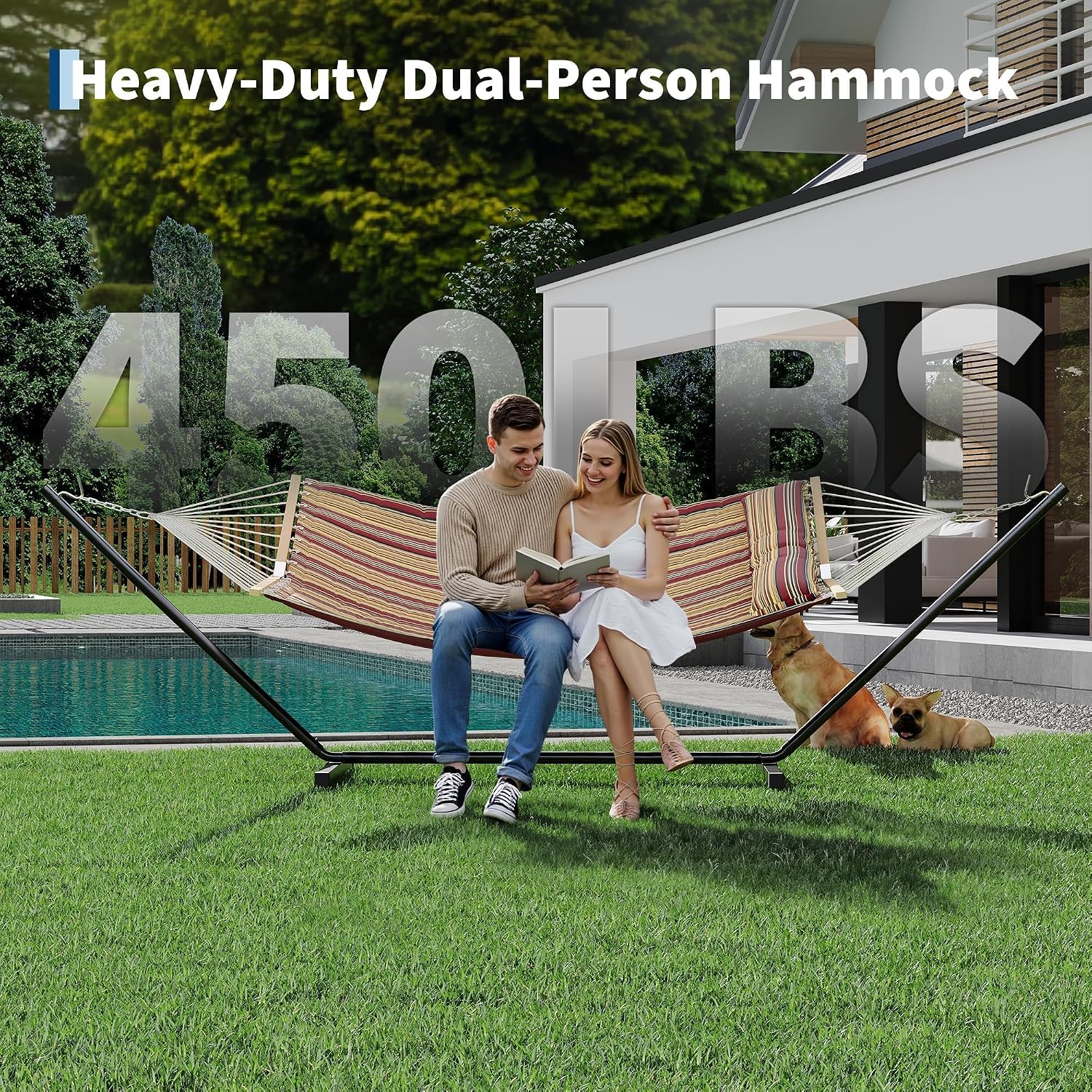 GarveeHome Portable 2 Person Double Hammock with Sturdy Heavy-Duty Steel Stand – 450LBS Max Load, Quick & Effortless Assembly, Perfect for Indoor Living, Yard, Patio & Camping Trips