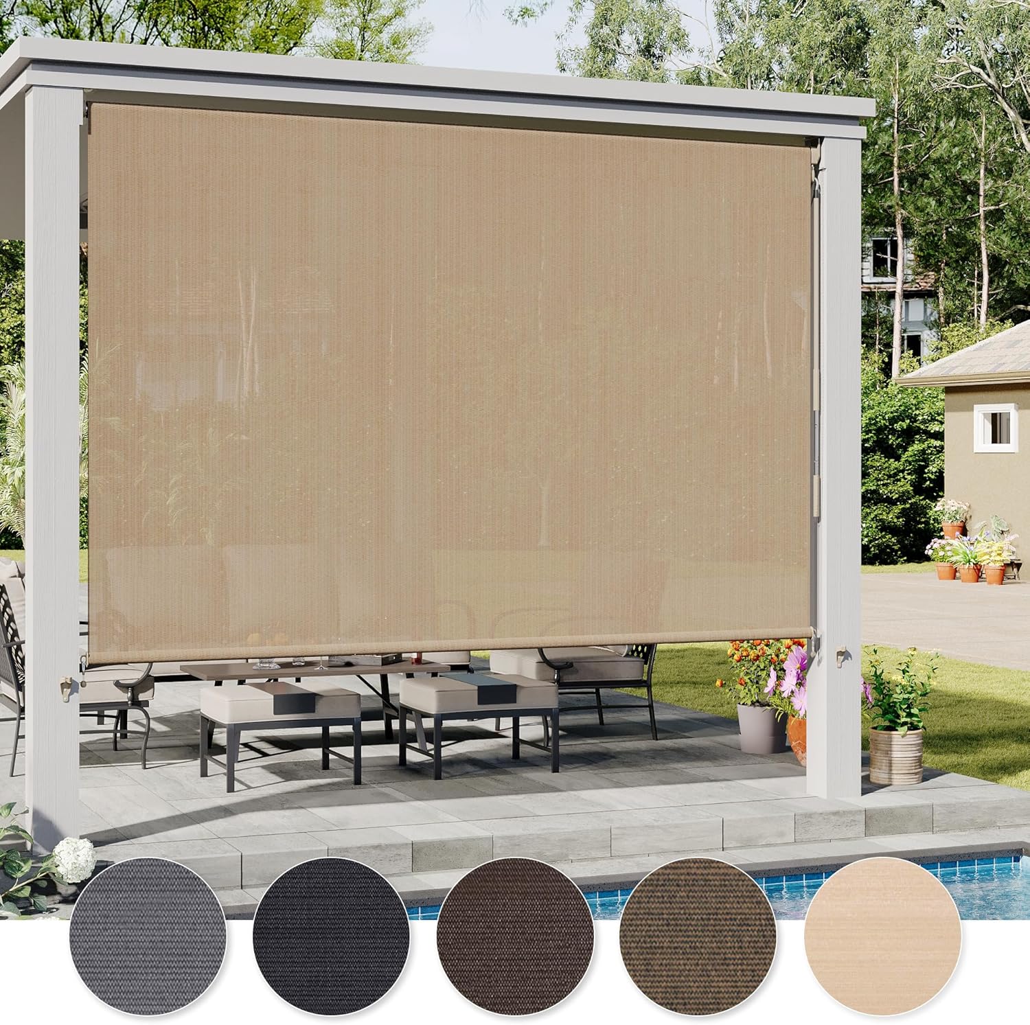 VICLLAX Cordless Outdoor Roller Shade with Splicing Design 10'×8', Exterior Roll Up Shade Blind for Porch, Patio, Yard, Wheat