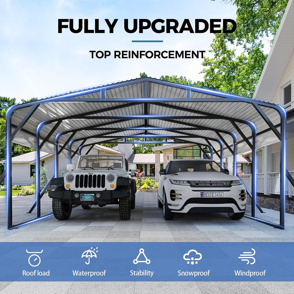 AirWire 20'x20' Heavy Duty Carport Canopy for 2 Car, Metal Car Port Garage with Galvanized Steel Roof and Reinforced Stable Triangle Frame Base, Large Car Tent Shelter for Car, Pickup, Tractor, Boat