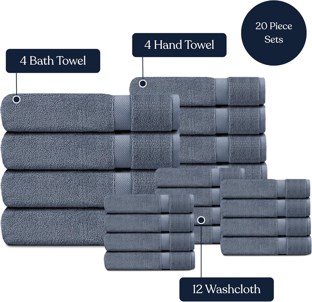 Organic Cotton Luxuriously Plush Towel 20 Piece Set |GOTS & Oeko-TEX Certified|Premium Hotel Quality Towels|Feather Touch Technology|650 GSM Long Staple|Soft, Quick Dry & Ultra-Absorbent