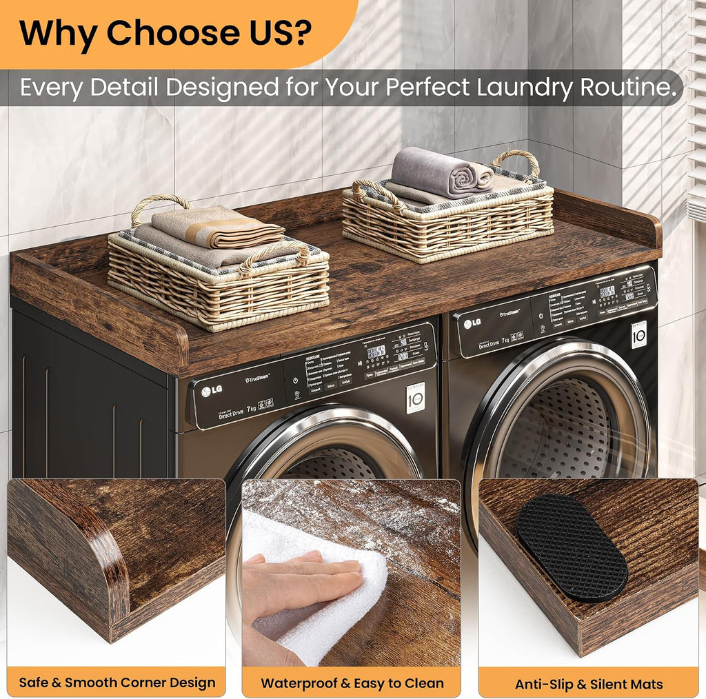 Washer Dryer Countertop, 27.5'x54' Wood Washer and Dryer Countertop with 2.95' Edge Rails, Laundry Machine Topper with Rounded Corner for Laundry Room Organization and Storage, Brown