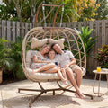 RADIATA 2 Person Hanging Egg Chair with Stand, Outdoor Double Egg Chair Swing with Foldable Basket, XL Wicker Double Egg Swing Chair with Thick Cushions for Patio Backyard Porch Balcony Deck, Beige