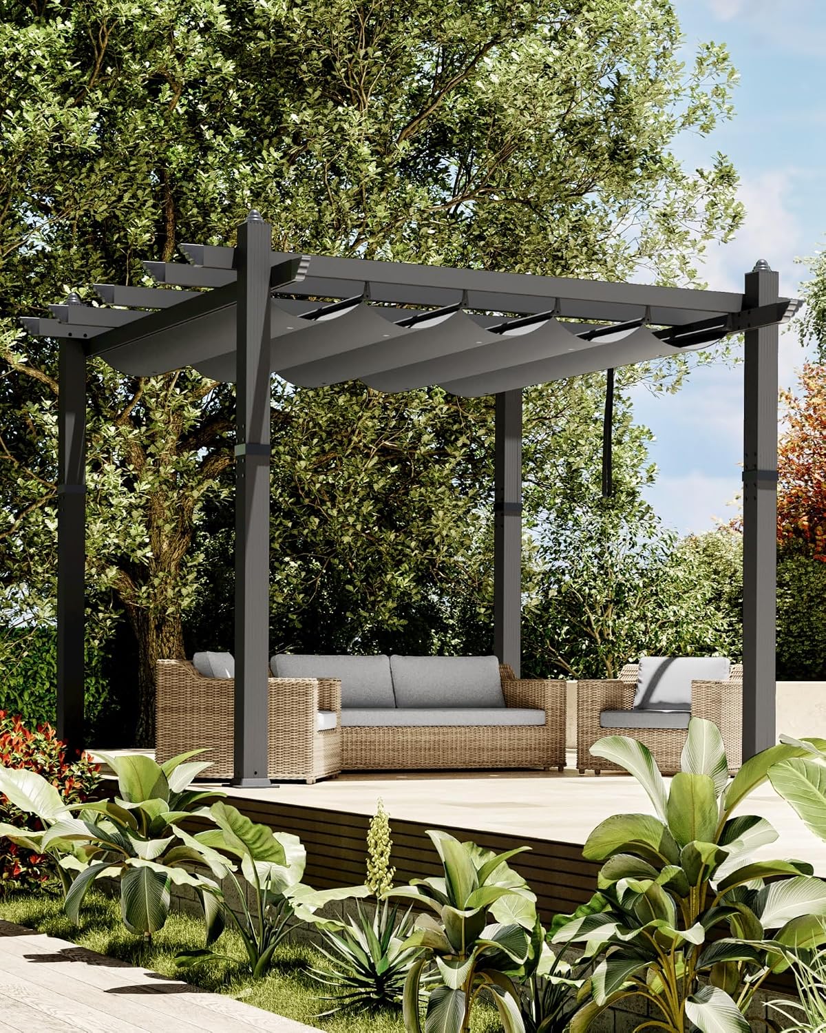 GarveeLife 10x10 ft Aluminum Pergola, Outdoor Metal Pergola with Adjustable Canopy, Reinforced Frame Outdoor Shelter for Backyard, Lawn and Deck - Gray