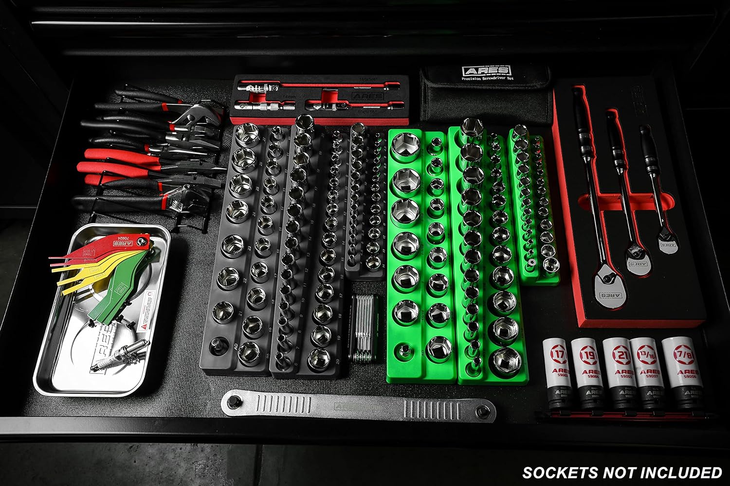 ARES 60160-6-Piece Magnetic Socket Organizers - Metric and SAE Set Black and Green -1/4 in, 3/8 in, 1/2 in Socket Holders -143 Pieces of Standard (Shallow) and Deep Sockets -Organize Your Tool Box