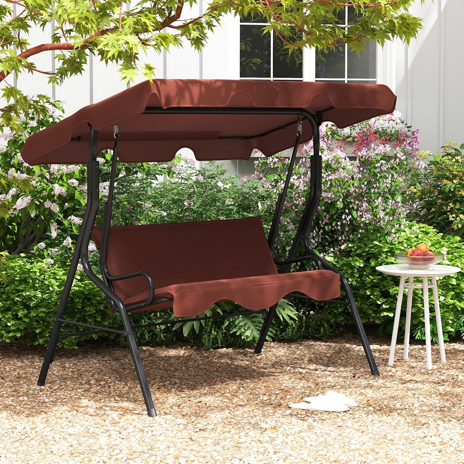 DREAMADE Porch Swing Outdoor, 3 Person Patio Swing w/Removable Cushion, Stand & Adjustable Canopy, Heavy Duty Swing Chair for Patio, Garden, Courtyard, Poolside