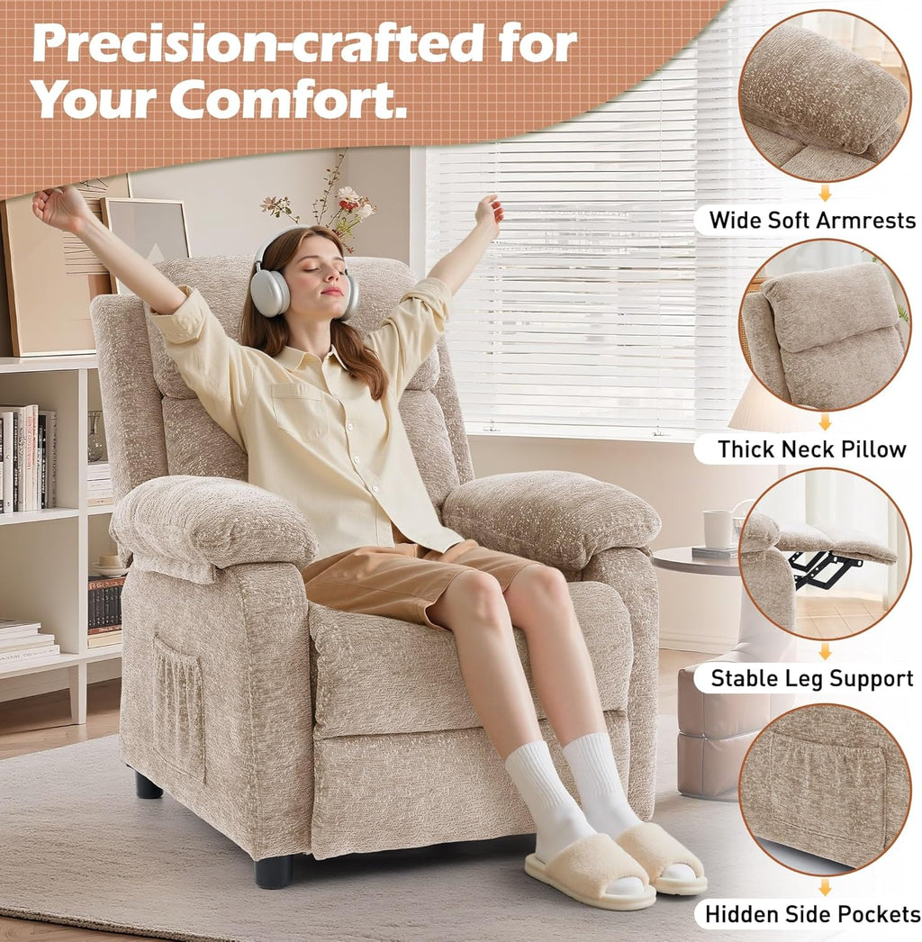 Korser Recliner Chair, Living Room Chairs for Adults, Padded Deep Seat Reading Chair with Side Pockets, Small Recliners for Small Spaces, Lounge Chair for Living Room, Bedroom, and RV (Chenille)