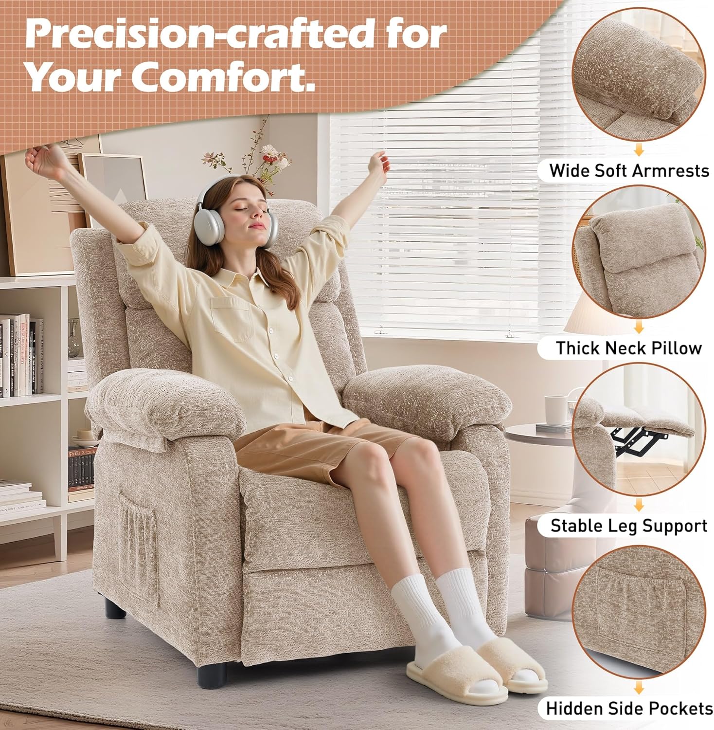 Korser Recliner Chair, Living Room Chairs for Adults, Padded Deep Seat Reading Chair with Side Pockets, Small Recliners for Small Spaces, Lounge Chair for Living Room, Bedroom, and RV (Chenille)
