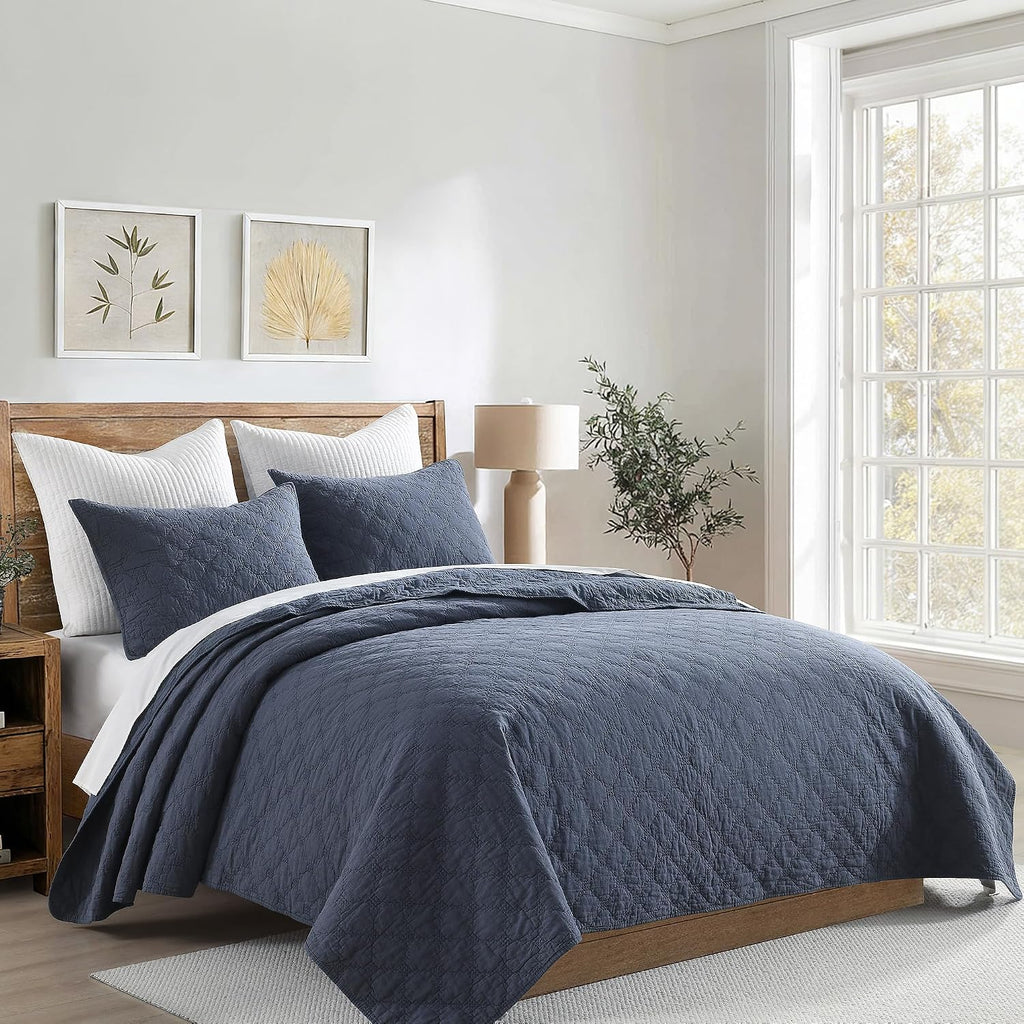 HORIMOTE HOME 55% Linen Front/100% Cotton Back Quilt Set King Size, Steel Blue Pre-Washed Cotton Linen Quilt Set, Geometric Stitched Pattern Bedspread Coverlet Bedding Set 3-Piece for All Seasons