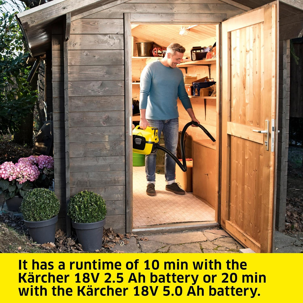 Kärcher WD 1 Compact Battery Powered Wet Dry Shop Vacuum Cleaner Ideal for Car Cleaning with Attachments, Multi Purpose – Blower Feature, Compact Space-Saving Design, Portable (Tool Only)