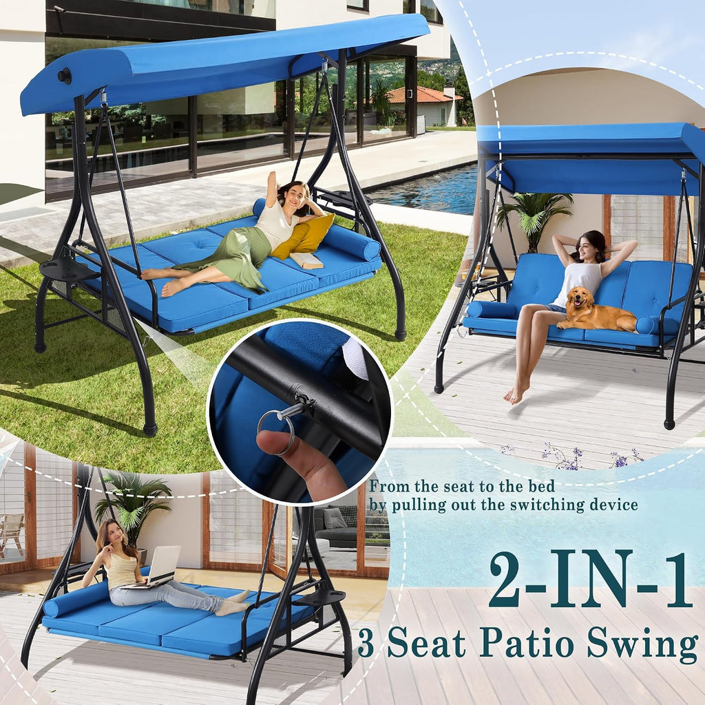 MAGIC UNION 3-Seat Outdoor Patio Swings with Canopy Adjustable Porch Swing with Stand, Upgrade Pillows Cushions and Foldable Side Tray for Patio, Backyard (Blue)