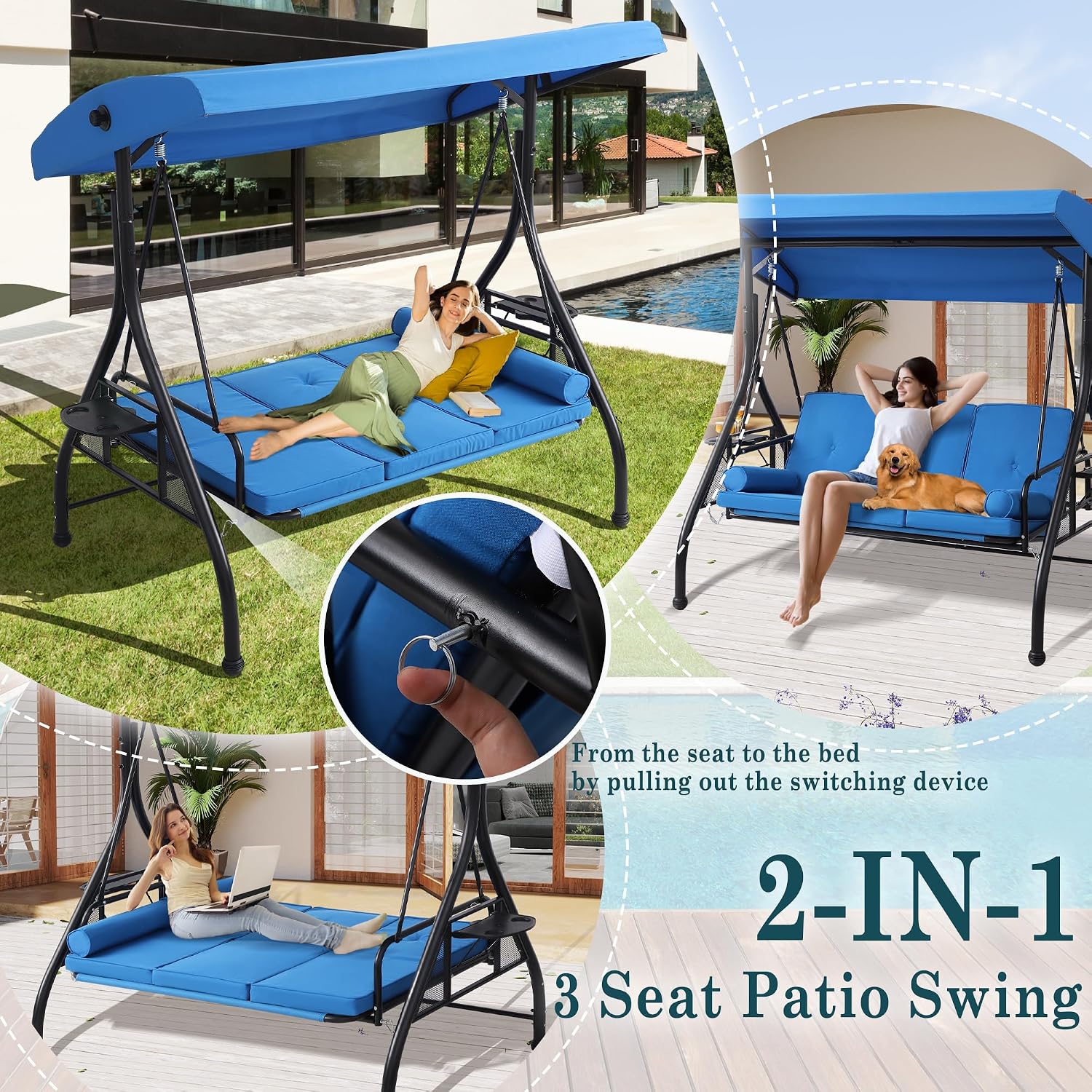 MAGIC UNION 3-Seat Outdoor Patio Swings with Canopy Adjustable Porch Swing with Stand, Upgrade Pillows Cushions and Foldable Side Tray for Patio, Backyard (Blue)