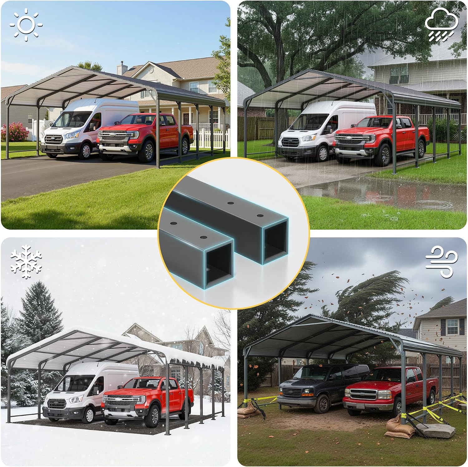 20x20 FT Car Port, Metal Carport for 2 Cars, Heavy Duty Canopy Carport with Updated Roof & Enhanced Base, Garage Vertaile Carports for RV Car, Truck, Boat, Tractors, Party, Grey