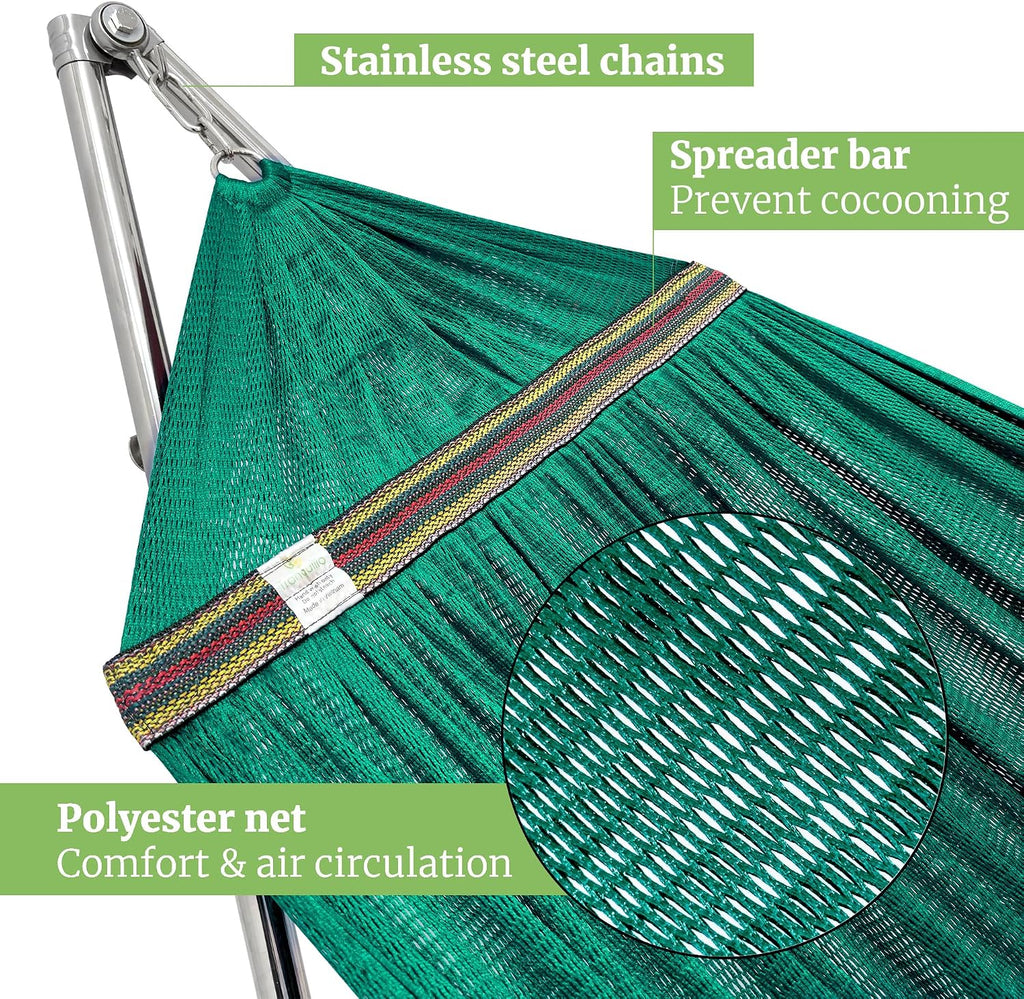 Tranquillo Double Hammock with Stand 650lb Capacity Double Hammock with Spreader Bar, Solid Grade 201 Stainless Steel 30s Set Up, Sturdy Flexible Hammock Stand Portable, Outdoor Indoor, Peacock