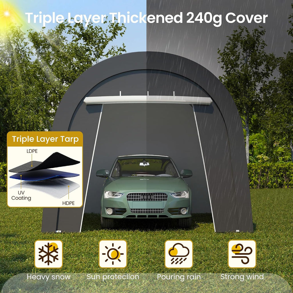 FansaFurn Domed Carport with 4 Cloth Bags, Portable Garage with 2 Roll-up Doors, Heavy Duty Car Canopy Party Tent, All-Season Storage Shelter Shed for Cars, Truck, or Garden Tools, 10' x 15'