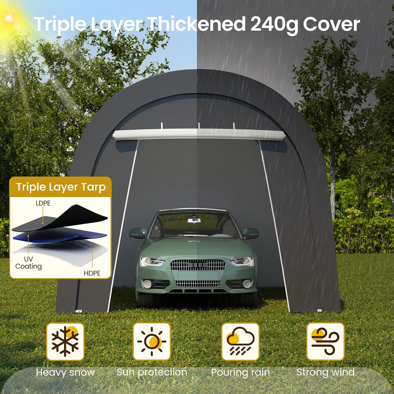 FansaFurn Domed Carport with 4 Cloth Bags, Portable Garage with 2 Roll-up Doors, Heavy Duty Car Canopy Party Tent, All-Season Storage Shelter Shed for Cars, Truck, or Garden Tools, 10' x 15'