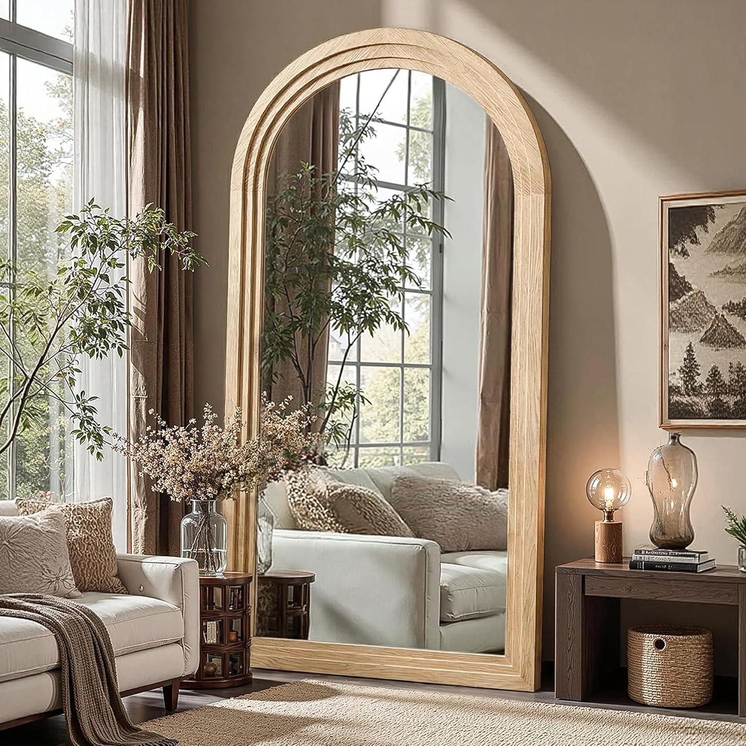 Delma Arched Full Length Floor Mirror with Stand, 75x35 Rustic Farmhouse Solid Wood Frame Wall Mirror for Bedroom, Living Room, Vertical Hanging & Standing(Natural)