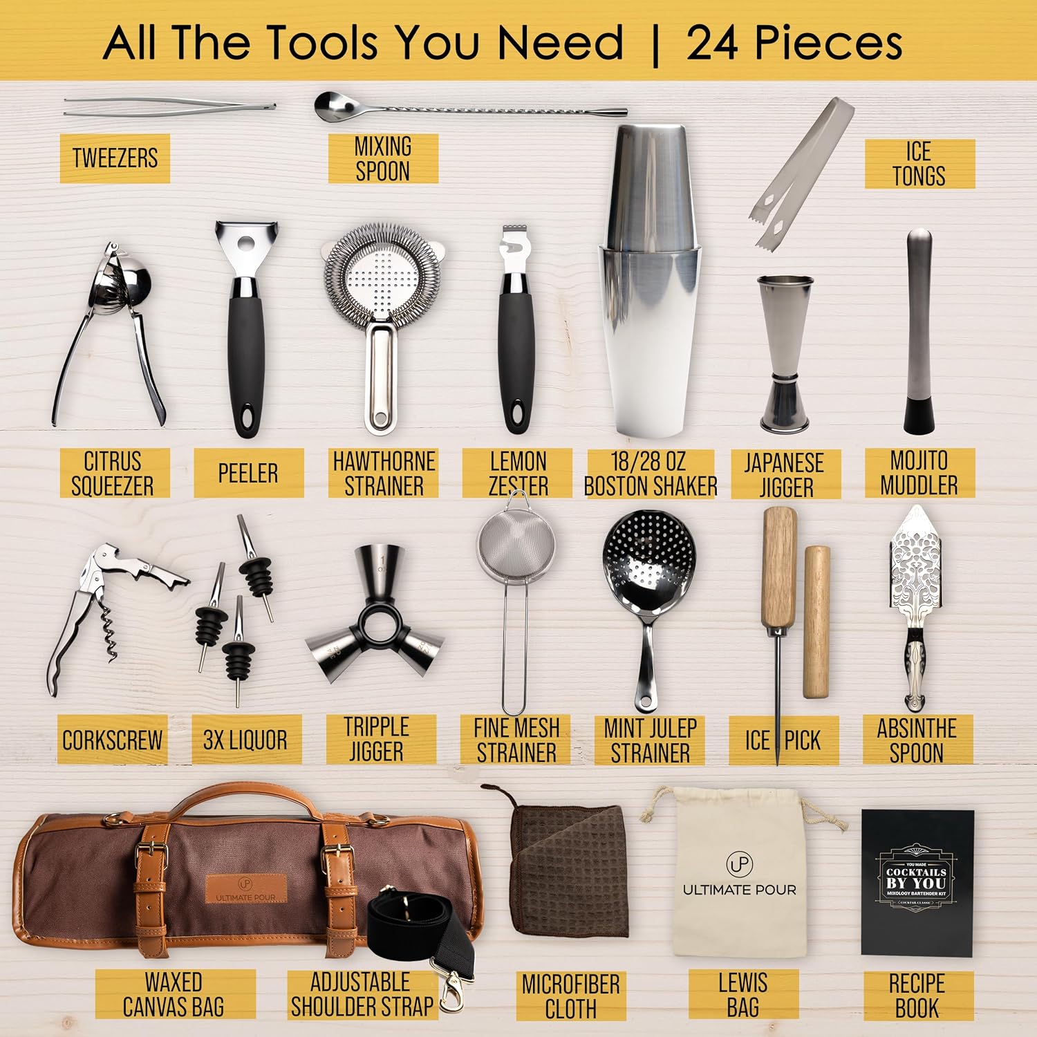 Bartender Kit Travel Bag Cocktail Shaker Set | Portable Bartending Mixology Travel Kit, 18/28 oz Boston Shaker | Pro Barware Tool Set Perfect for Home, Travel, Bar, Parties | 24 Pieces