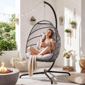 BULEXYARD Patio Egg Chair for Outside, Foldable Eggshell Swing with Stand, 350 Lbs Cushioned Hammock Chair with Comfy, Water-Resistant Wicker Hanging Basket for Balcony Garden Bedroom, Light Grey
