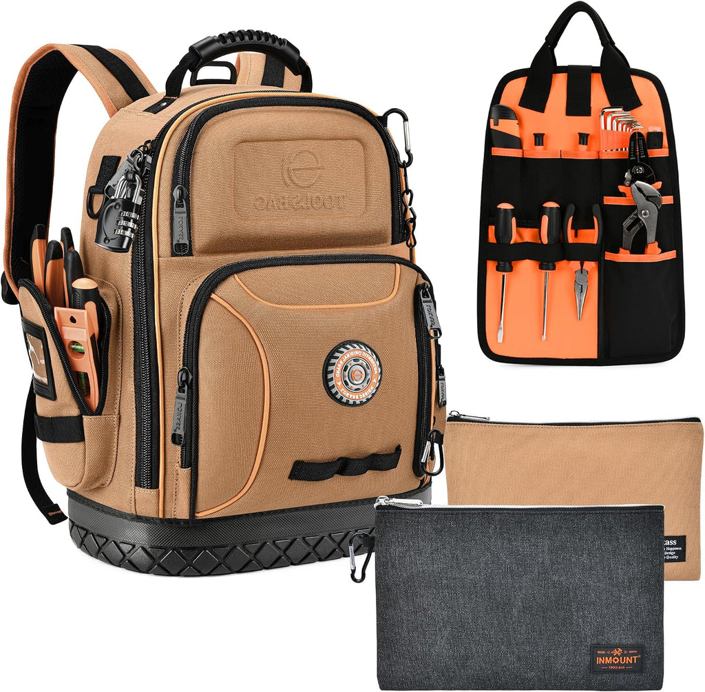 Tool Bag Backpack with 2 Canvas Tool Pouch Tool Kit, 75 Pockets & Loops Heavy Duty Tools Organizer/HVAC Tool Carrier for Eelectrician/Construction Work with Molded Base and Combination Lock, Brown