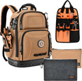 Tool Bag Backpack with 2 Canvas Tool Pouch Tool Kit, 75 Pockets & Loops Heavy Duty Tools Organizer/HVAC Tool Carrier for Eelectrician/Construction Work with Molded Base and Combination Lock, Brown