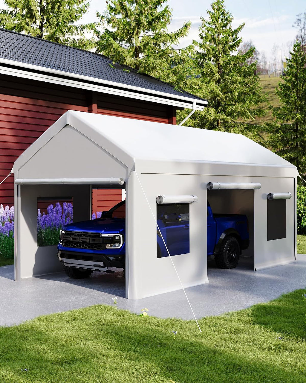 10 x 20FT Heavy Duty Carport with Roll-Up Windows, Portable Garage with Removable Sidewalls & Doors, Portable Car Tent Garage with Roll-Up Windows and All-Season Tarp, for Car, Truck,