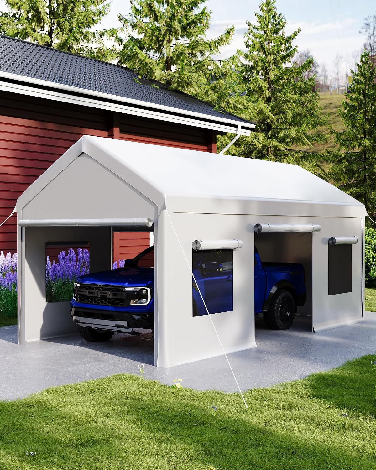 10 x 20FT Heavy Duty Carport with Roll-Up Windows, Portable Garage with Removable Sidewalls & Doors, Portable Car Tent Garage with Roll-Up Windows and All-Season Tarp, for Car, Truck,