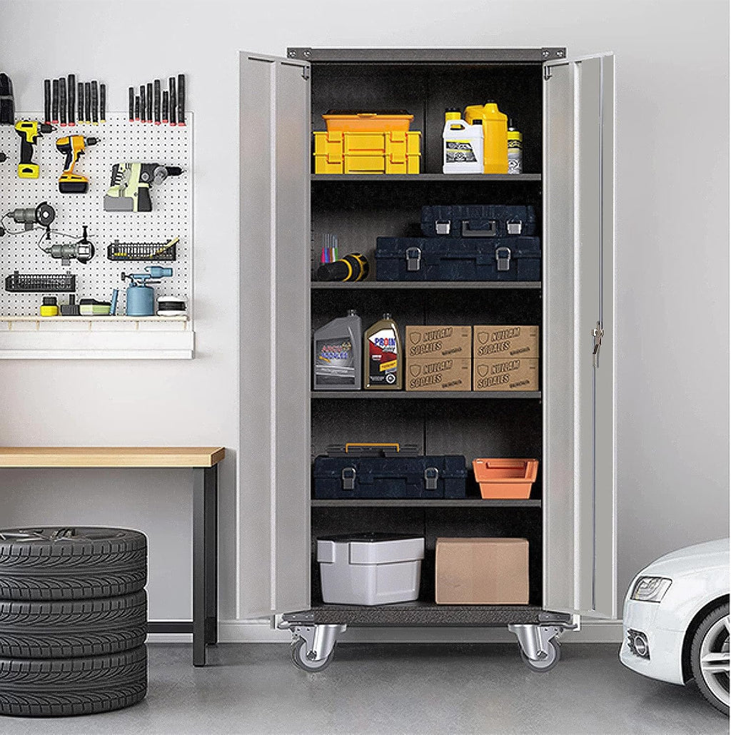 71'' Locking Metal Cabinet with 2 Door and 4 Adjustable Shelves, Lockable Garage Storage Cabinet on Wheels, Rolling Tool Cabinets for Utility Room, Home Office, Assembly Required