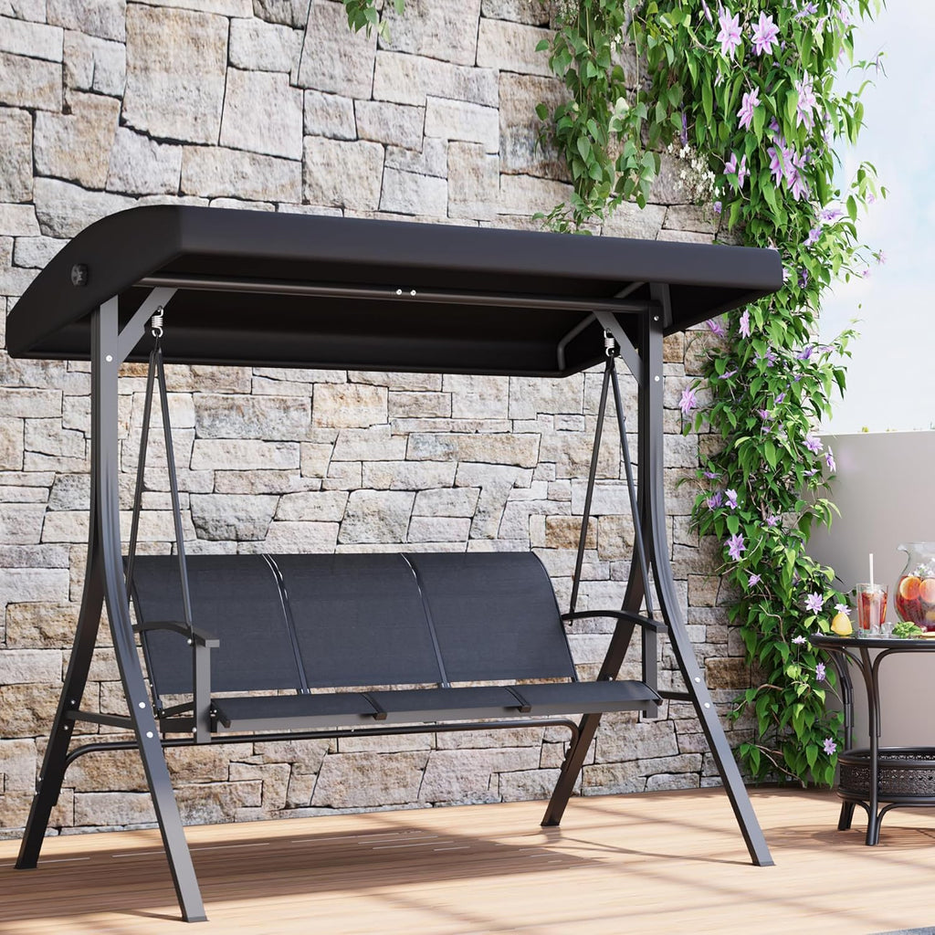 GarveeLife 3-Seat Patio Swing Chair, Outdoor Porch Hanging Swings with Adjustable Canopy and Armrests, Breathable Textilene Fabric Seat & Backrest, Swing Bench for Garden, Poolside, Backyard, Black