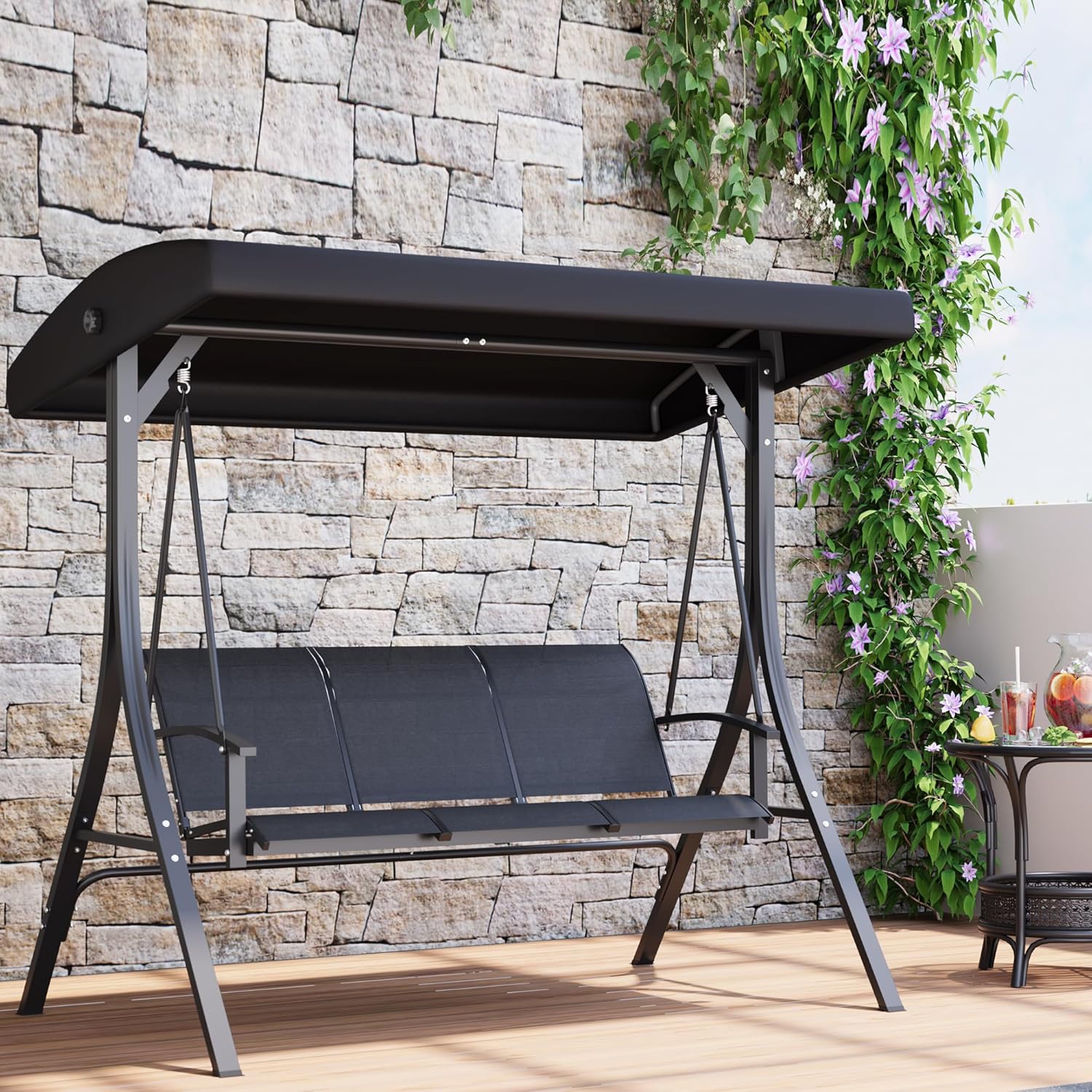 GarveeLife 3-Seat Patio Swing Chair, Outdoor Porch Hanging Swings with Adjustable Canopy and Armrests, Breathable Textilene Fabric Seat & Backrest, Swing Bench for Garden, Poolside, Backyard, Black