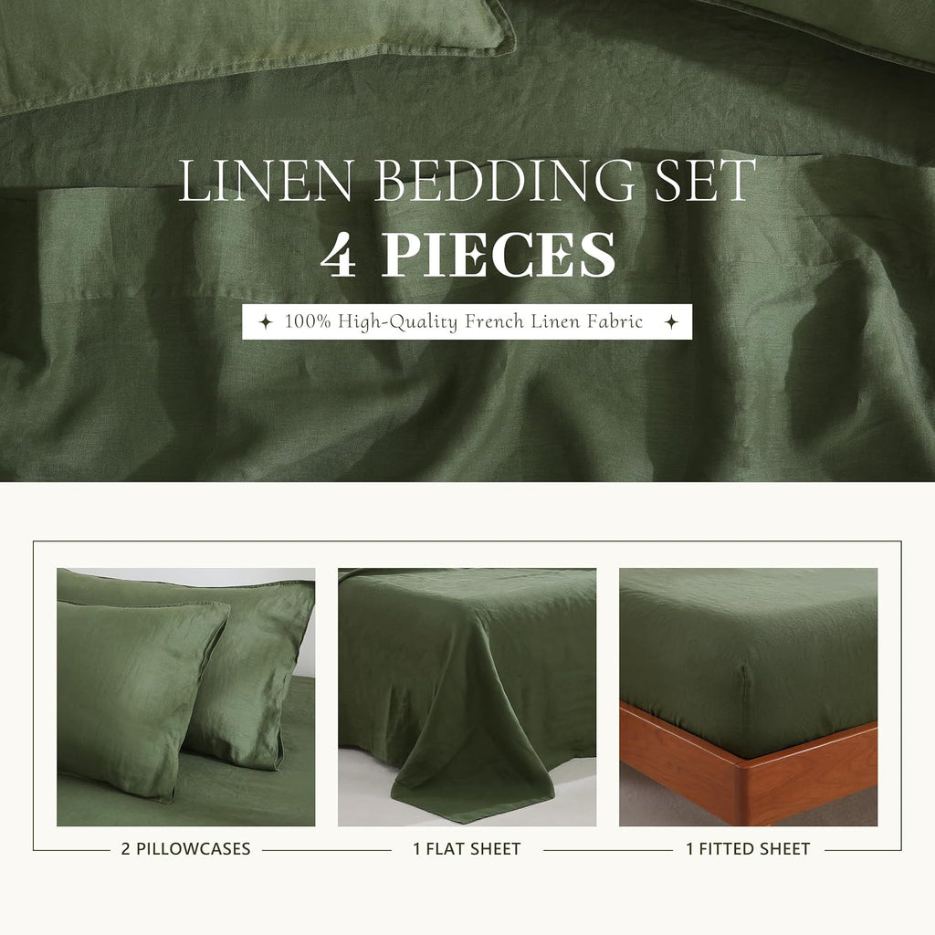 100% French Linen Sheets Set Cal King Size-4Pcs Natural Washed Flax Bed Sheets Soft Breathable and Durable- 1 Flat Sheet 1 Fitted Sheet 2 Pillowcases (Green, Cal King)
